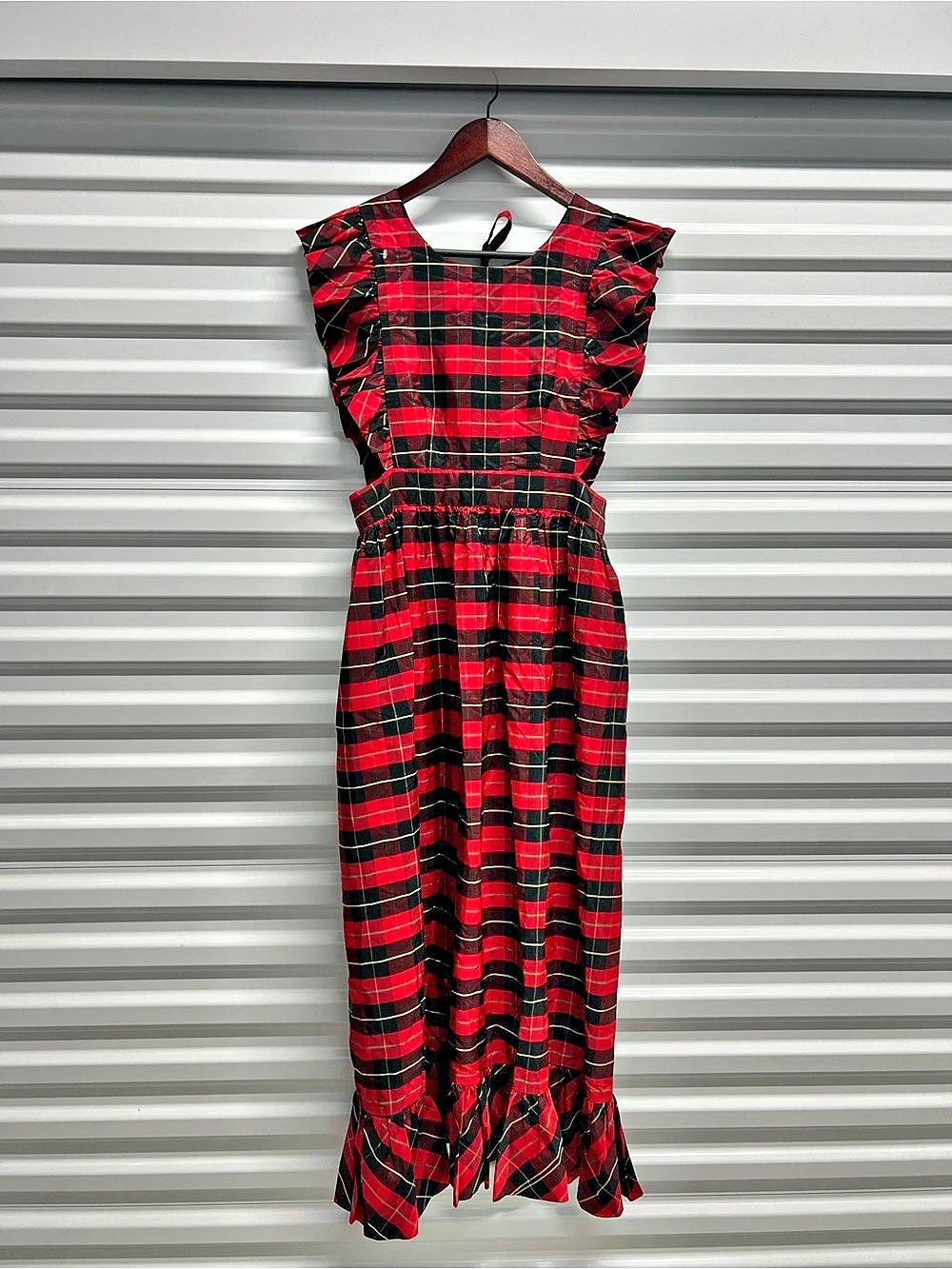 Vintage Plaid Ruffle Bib Dress in Red & Black Like New